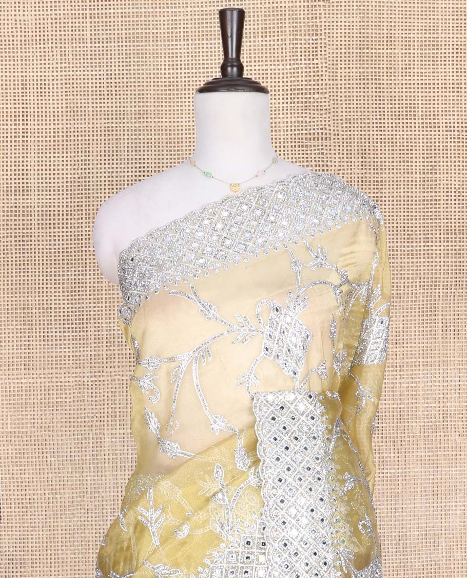 Pale Yellow Designer Saree, Richly Detailed with Floral-Jaal Style Mixed Embroidery on Its Body, Highlighted by Jaal-Patterned Scallop Embroidered Border, Self-Design Pallu, and Paired with a Heavy Embroidered Matching Blouse - Image 2