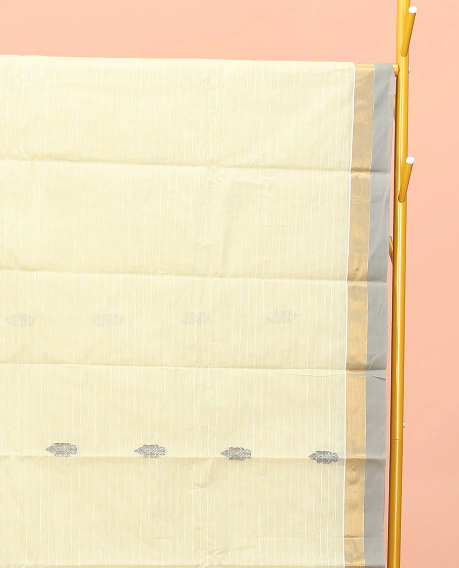 Pale Yellow Kanchi Cotton Saree, Woven with Buttas All Over Its Body, a Complemented by Contrast Border, Pallu of Intricate Designs, and Paired with a Matching Blouse - Image 2