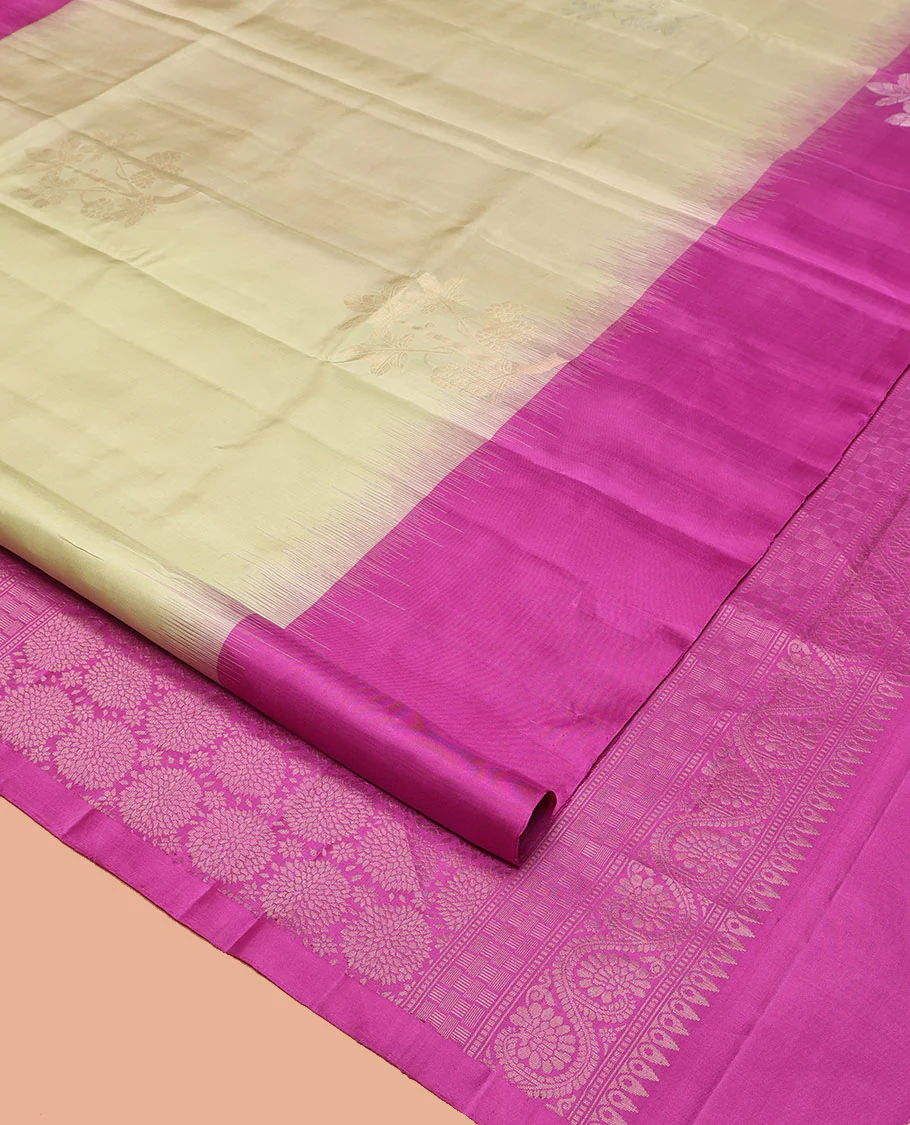 Pale Yellow Mayuri Soft Silk Saree, Finely Crafted with Floral Zari Buttas All Over Its Body, Complemented by Contrast Border of Floral Designs, Intricately Designed Pallu, and Paired with a Contrast Blouse - Image 2