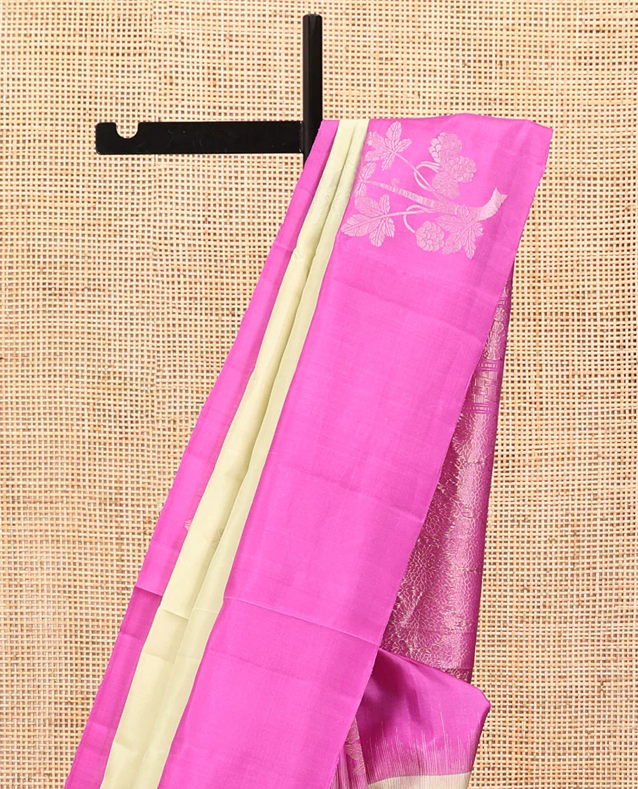 Pale Yellow Mayuri Soft Silk Saree, Finely Crafted with Floral Zari Buttas All Over Its Body, Complemented by Contrast Border of Floral Designs, Intricately Designed Pallu, and Paired with a Contrast Blouse - Image 3