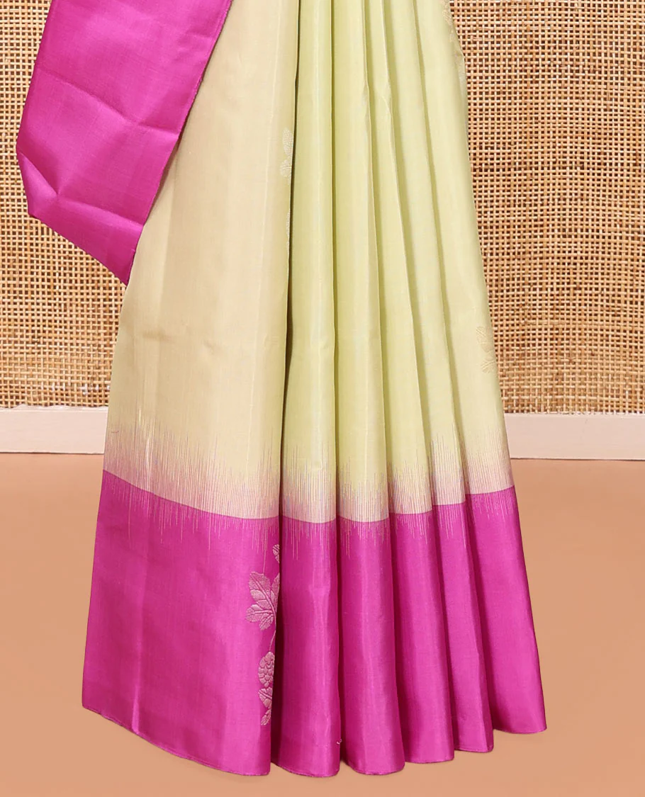 Pale Yellow Mayuri Soft Silk Saree, Finely Crafted with Floral Zari Buttas All Over Its Body, Complemented by Contrast Border of Floral Designs, Intricately Designed Pallu, and Paired with a Contrast Blouse - Image 4