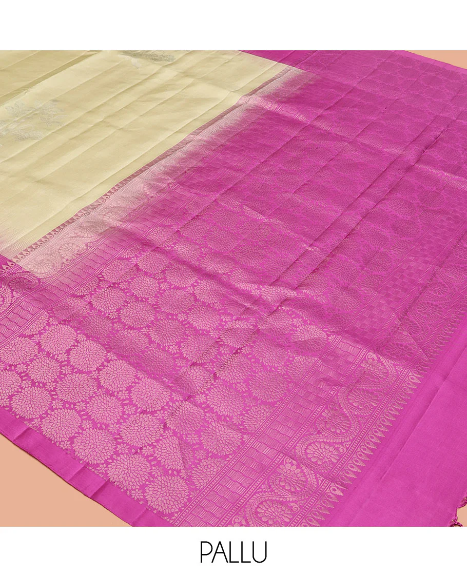 Pale Yellow Mayuri Soft Silk Saree, Finely Crafted with Floral Zari Buttas All Over Its Body, Complemented by Contrast Border of Floral Designs, Intricately Designed Pallu, and Paired with a Contrast Blouse - Image 5