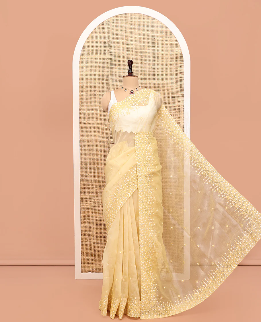 Pale Yellow Organza Saree, Detailed with Floral Embroidery, Scallop Floral Embroidery Border, and a Matching Blouse