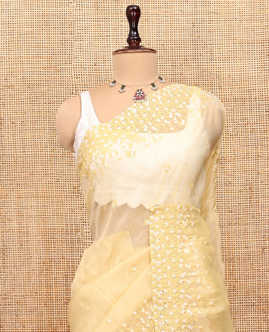 Pale Yellow Organza Saree, Detailed with Floral Embroidery, Scallop Floral Embroidery Border, and a Matching Blouse - Image 2