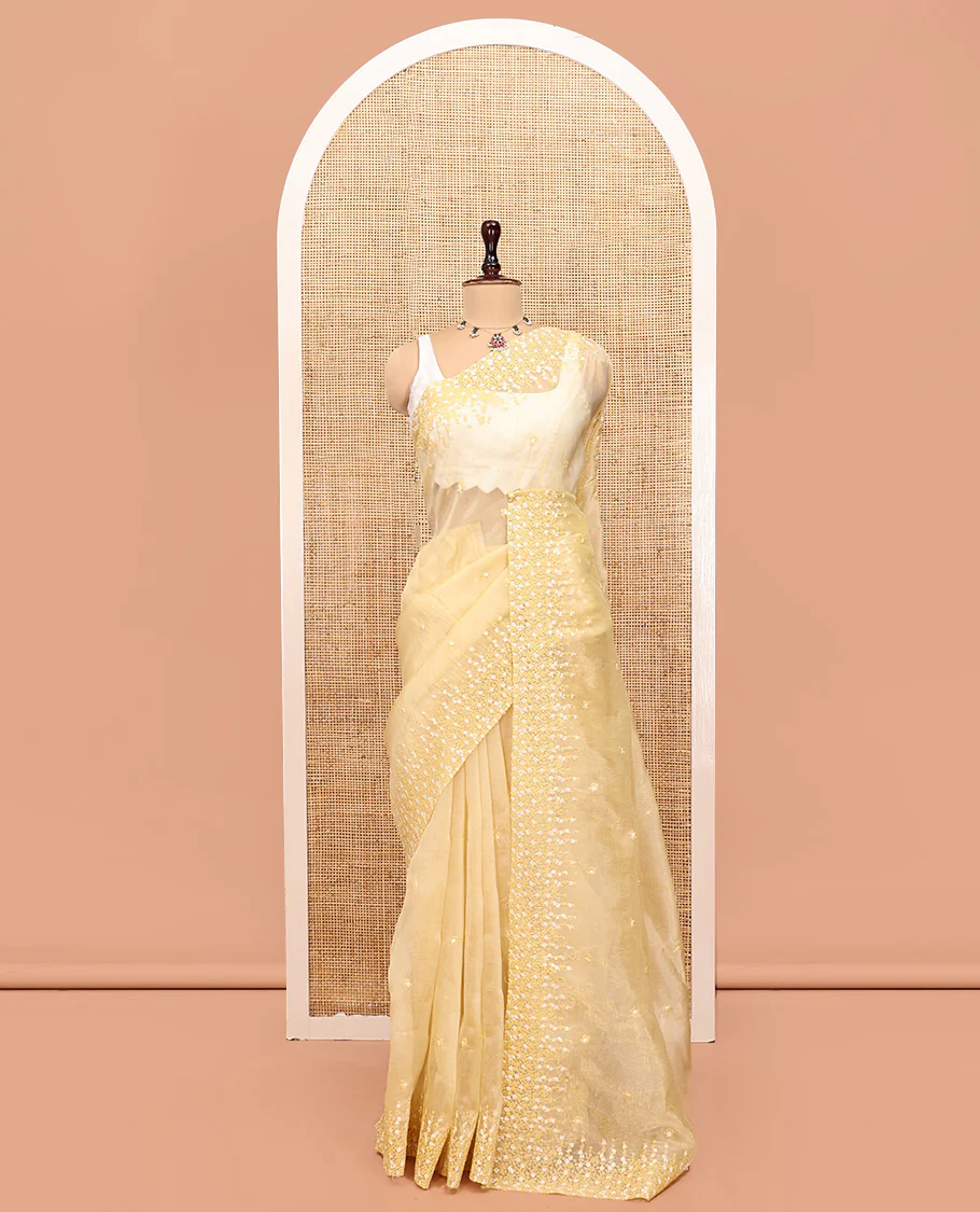 Pale Yellow Organza Saree, Detailed with Floral Embroidery, Scallop Floral Embroidery Border, and a Matching Blouse - Image 3