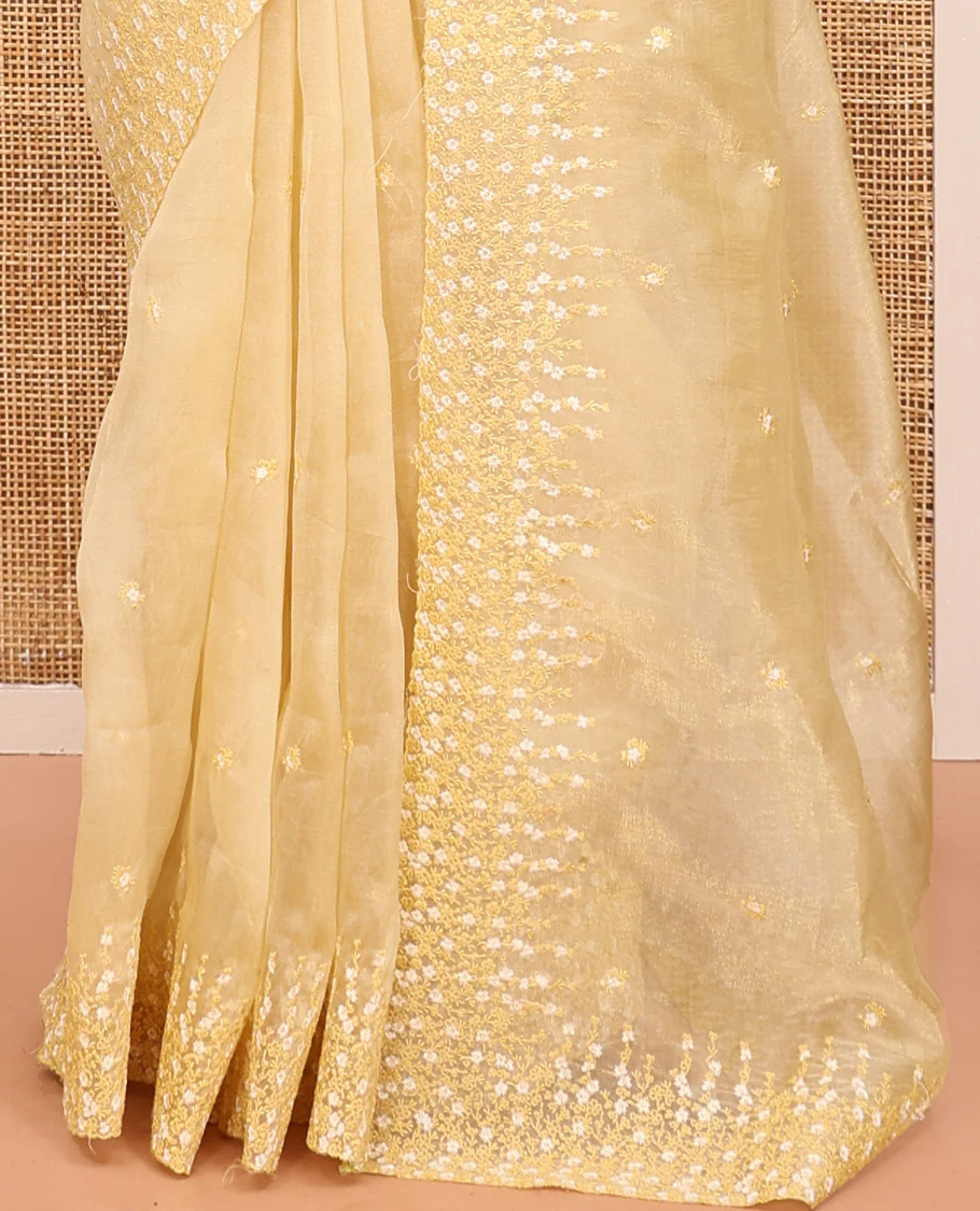 Pale Yellow Organza Saree, Detailed with Floral Embroidery, Scallop Floral Embroidery Border, and a Matching Blouse - Image 4