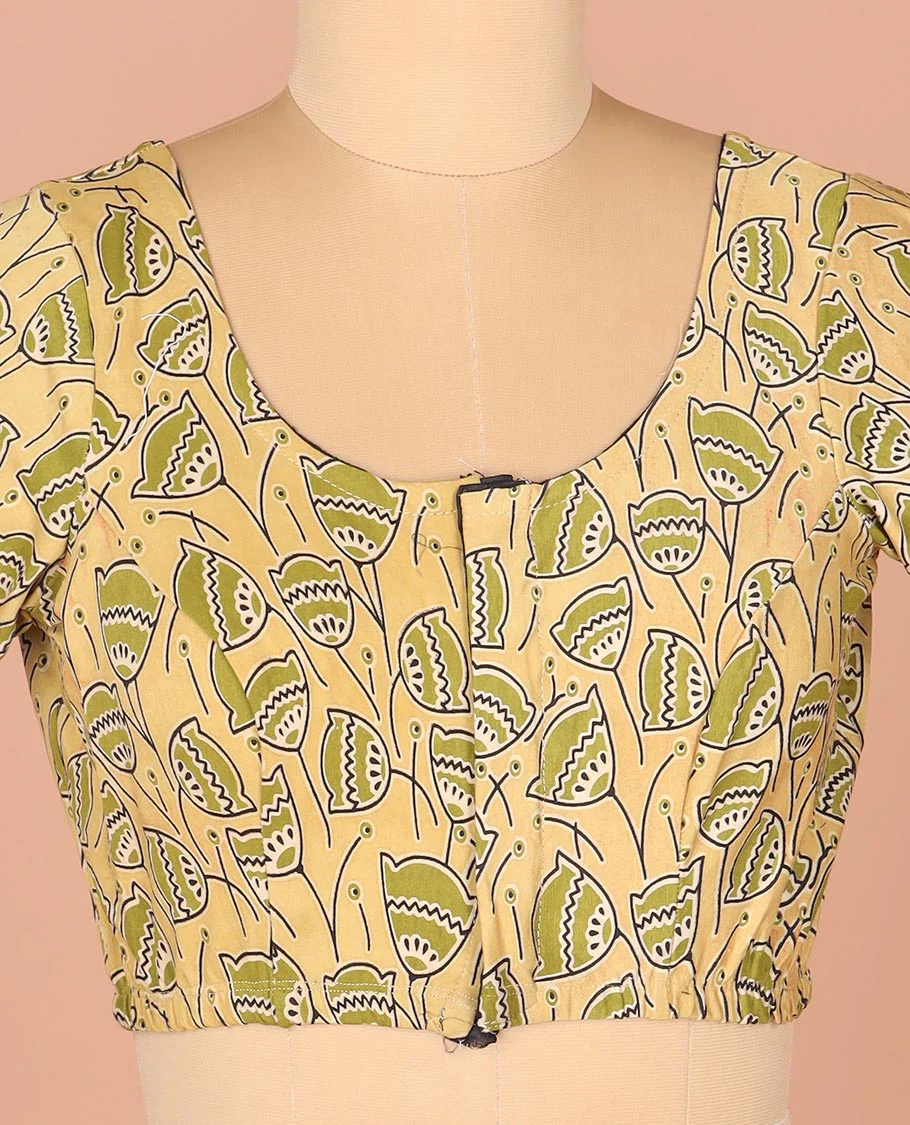Pale Yellow Readymade Blouse Embellished with Lotus Motifs Print, Featuring Front Round Neck, Back Round Neck, and Elbow Sleeves - Image 3