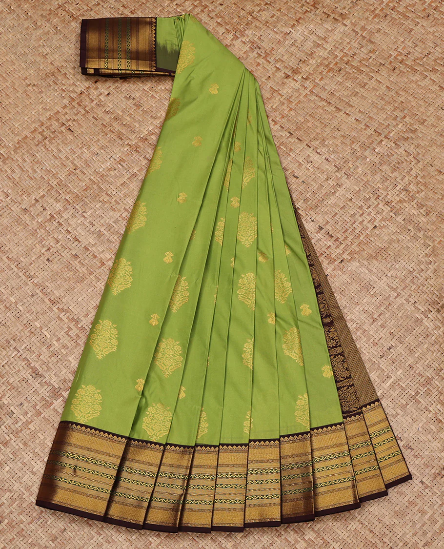 Parrot Green Budget Silk Saree, Prettified with Zari Buttas All Over Its Body, Complemented by a Contrast Traditional Zari Design Border, Grand Pallu, and Paired with a Contrast Blouse - Image 2
