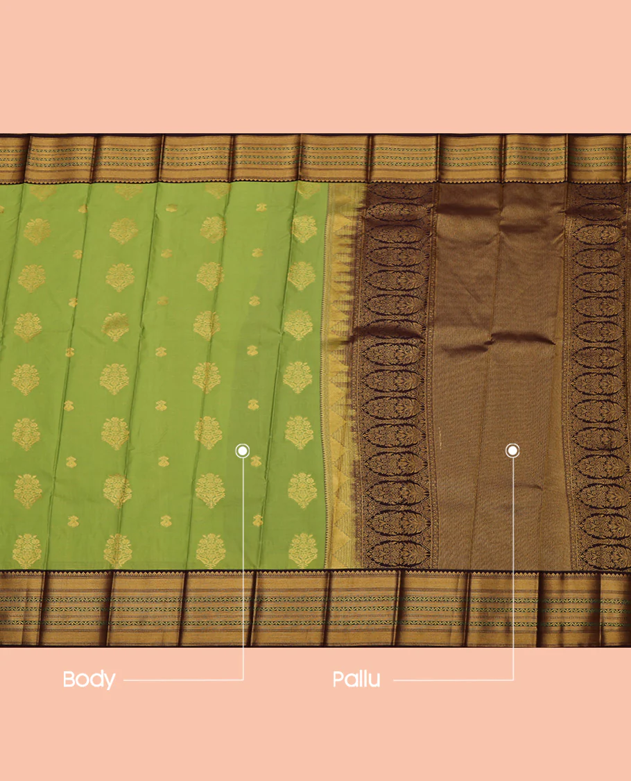 Parrot Green Budget Silk Saree, Prettified with Zari Buttas All Over Its Body, Complemented by a Contrast Traditional Zari Design Border, Grand Pallu, and Paired with a Contrast Blouse - Image 3