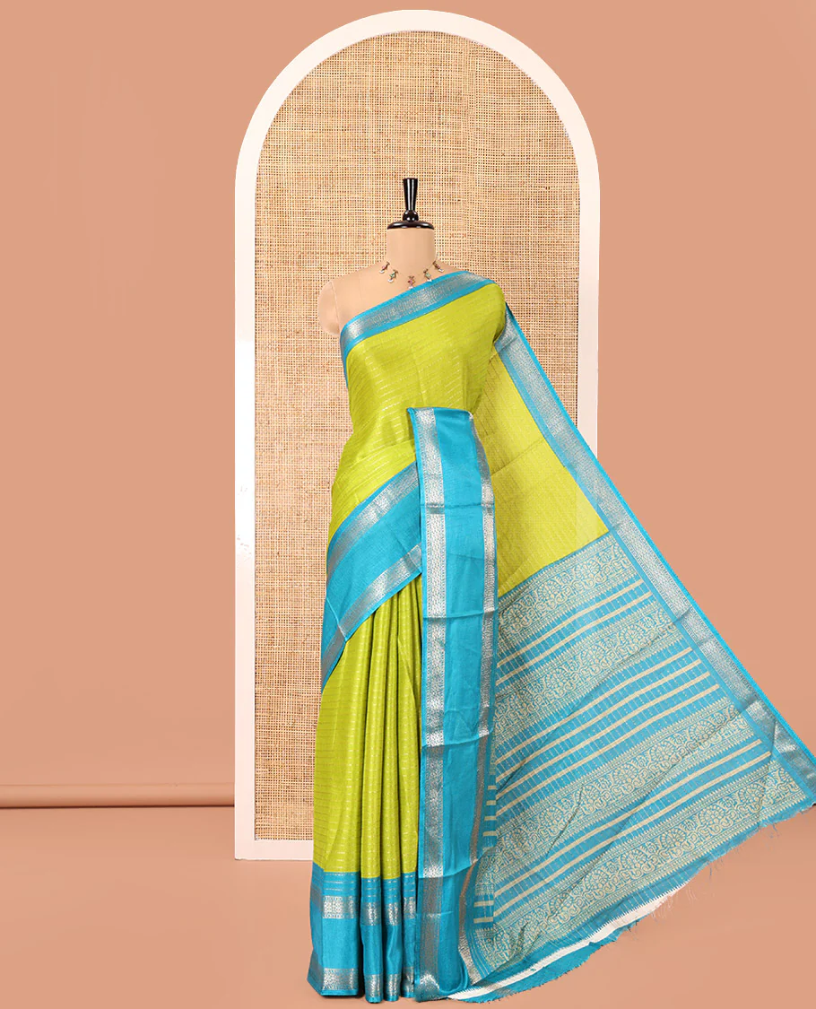 Parrot Green Dola Silk Saree, Ornamented with Zari Stripes, Contrast Traditional Zari Border, Striped Pallu, and a Contrast Blouse