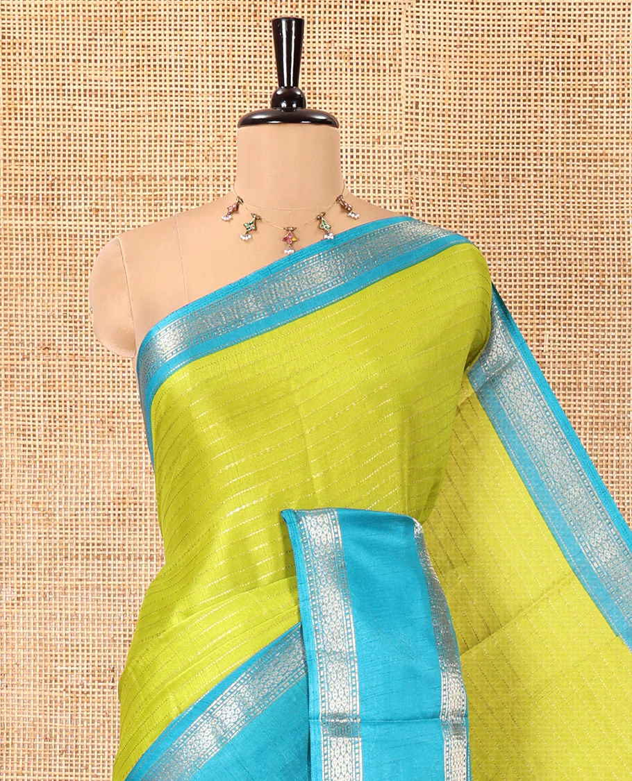 Parrot Green Dola Silk Saree, Ornamented with Zari Stripes, Contrast Traditional Zari Border, Striped Pallu, and a Contrast Blouse - Image 2