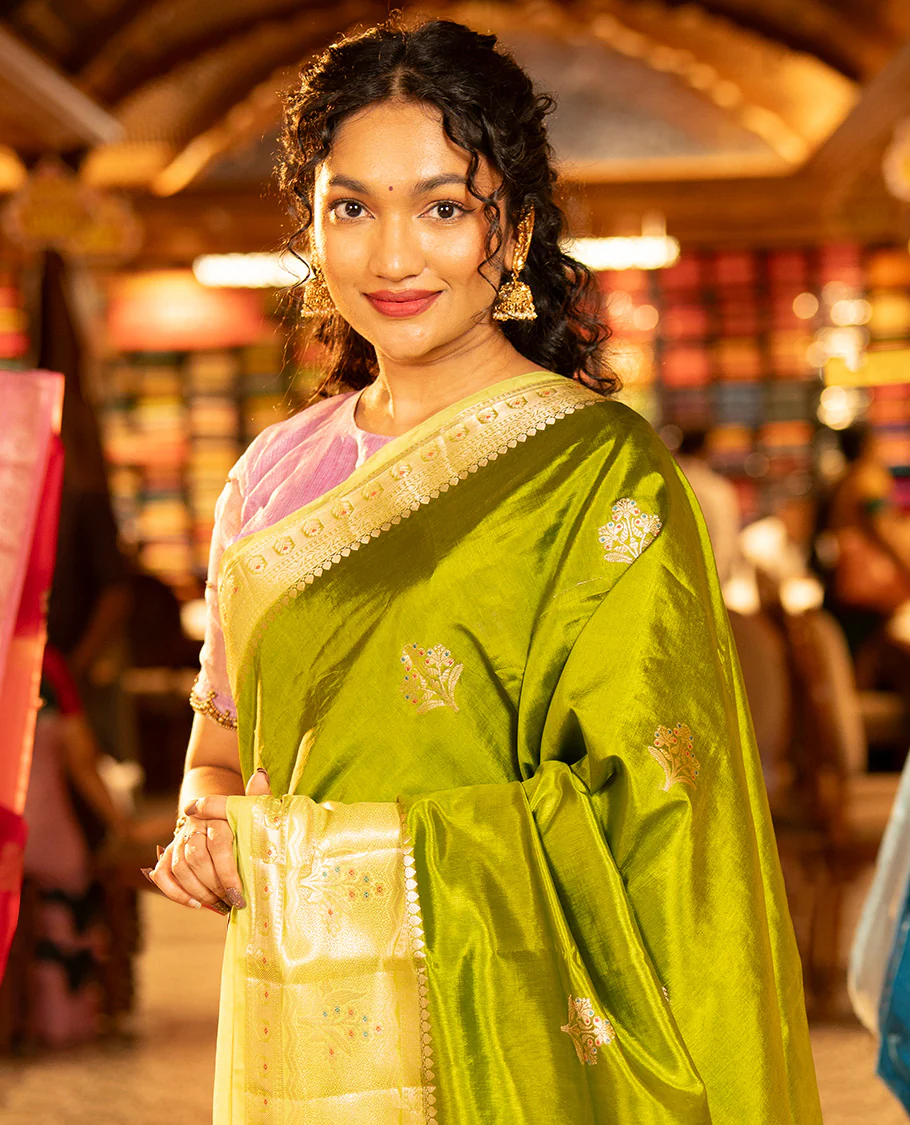 Parrot Green Green-Mango-Silk Saree, Decked up with Floral Zari Buttas All Over Its Body, Complemented by a Contrast Meenakari Zari Floral Design Border, Grand Pallu, and Paired with a Contrast Blouse - Image 2