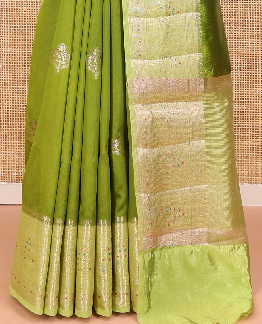 Parrot Green Green-Mango-Silk Saree, Decked up with Floral Zari Buttas All Over Its Body, Complemented by a Contrast Meenakari Zari Floral Design Border, Grand Pallu, and Paired with a Contrast Blouse - Image 6
