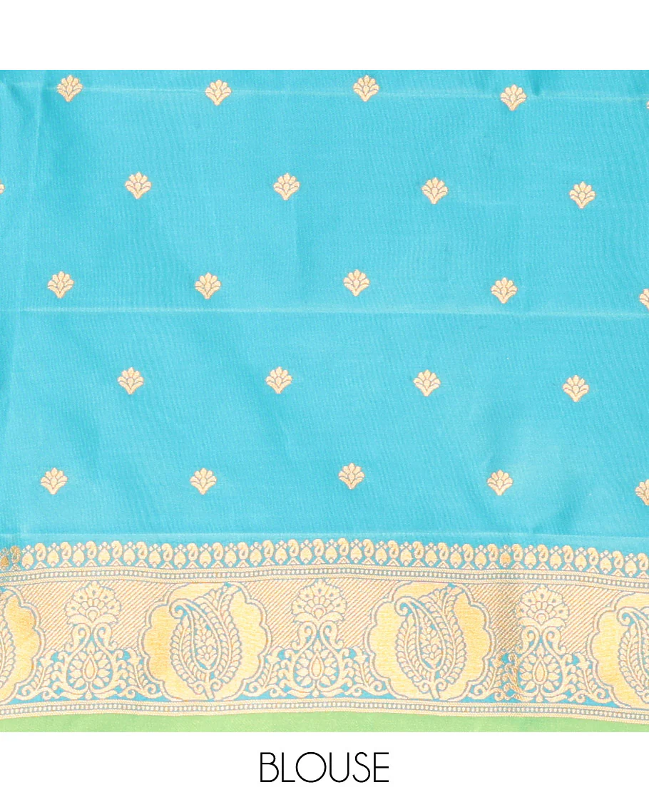Parrot Green Kanchi Soft Silk Saree, Majestically Detailed with Vaira Oosi, and Zari Buttas All Over Its Body, Complemented by Contrast Border of Paisleys, an Intricately Designed Pallu, and Paired with a Contrast Blouse - Image 3