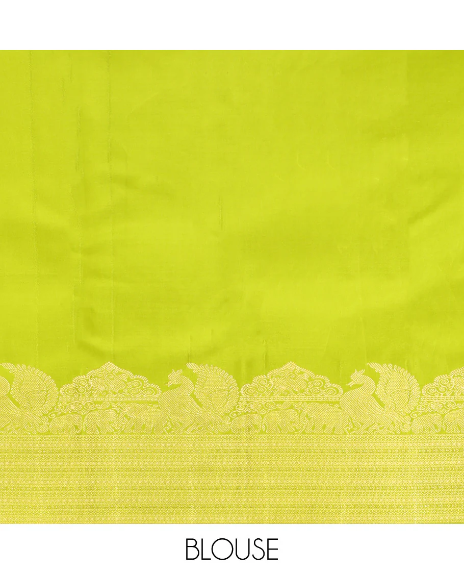 Parrot Green Kanchipuram Silk Saree, Gleamed Up with Zari Buttas All Over Its Body, Highlighted by a Zari Border of Mayil, Yaanai, and Neli Designs, Intricately Designed Pallu, and Paired with a Matching Blouse - Image 6