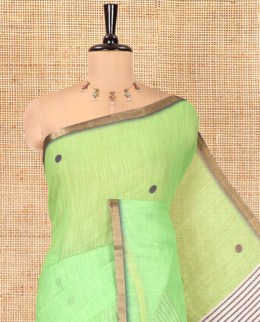 Parrot Green Linen Cotton Saree, Adorned with Half-And-Half-Style Polka Dots, a Subtle Piping Border, Contrast Vertically Striped Pallu, and a Contrast Blouse - Image 2