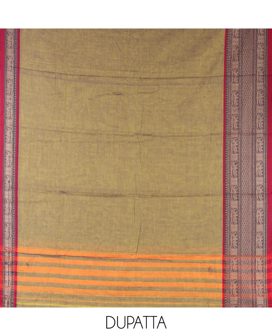 Parrot Green Mercerised Cotton Material Chudidar Set, Plain with Traditional Motifs Woven Thread Bordered Top, a Plain Bottom, and Paired with a Matching Dupatta - Image 2