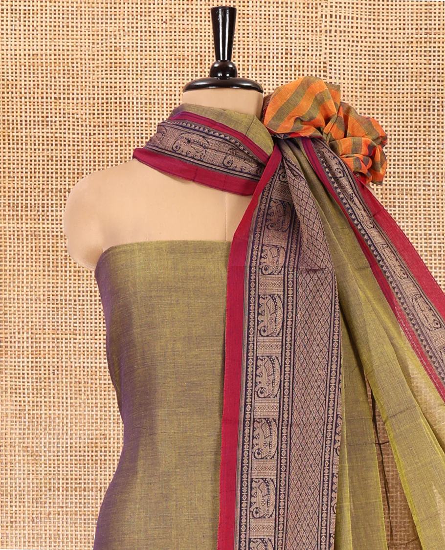 Parrot Green Mercerised Cotton Material Chudidar Set, Plain with Traditional Motifs Woven Thread Bordered Top, a Plain Bottom, and Paired with a Matching Dupatta - Image 3