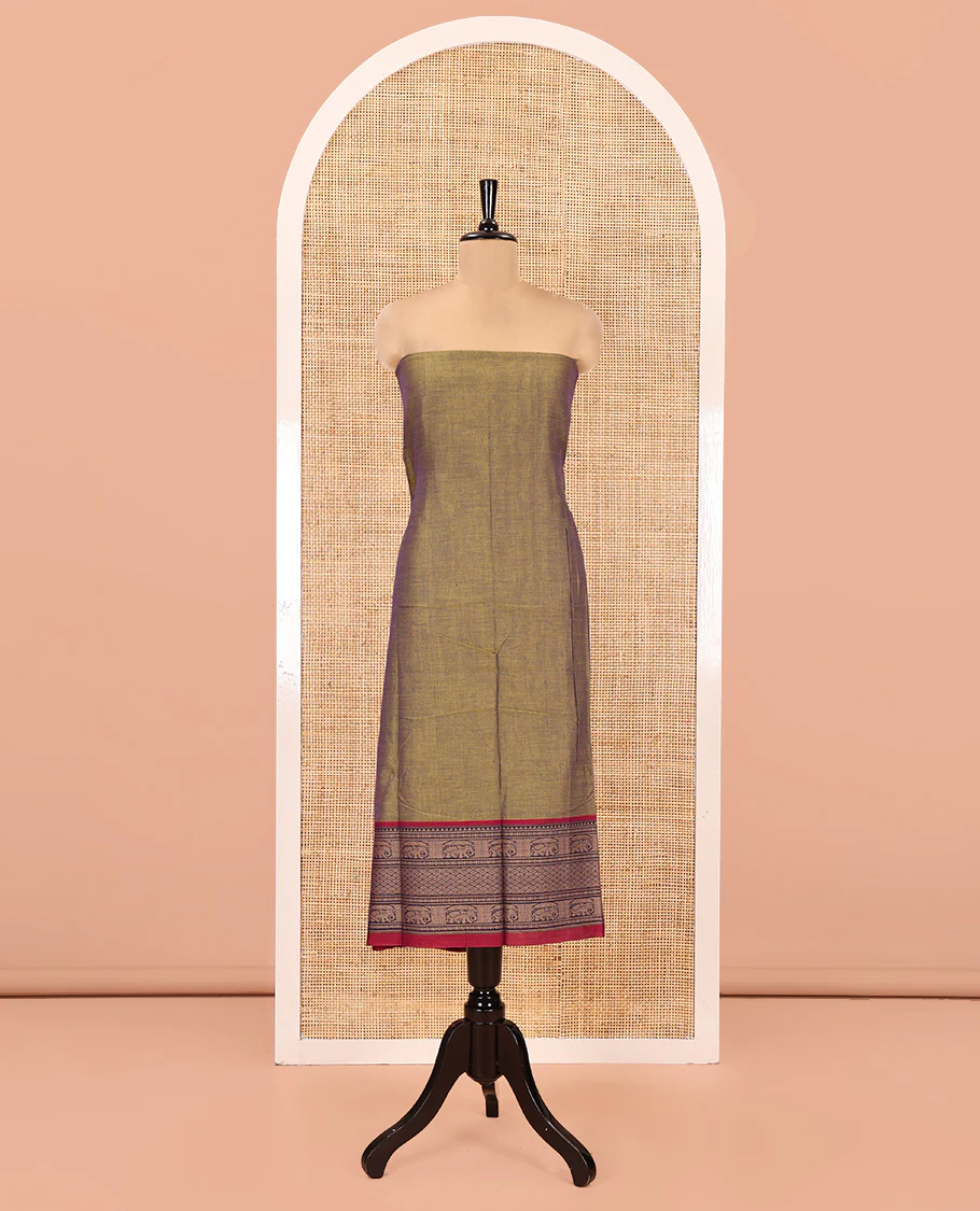Parrot Green Mercerised Cotton Material Chudidar Set, Plain with Traditional Motifs Woven Thread Bordered Top, a Plain Bottom, and Paired with a Matching Dupatta - Image 4