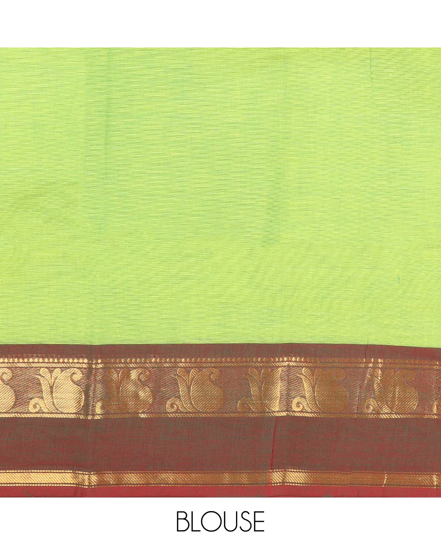 Parrot Green Plain Chettinad Cotton Saree, Complemented by Contrast Traditional Zari Design Rettai Pettu Border of Paisleys, Striped Pallu, and Paired with Matching Blouse - Image 3