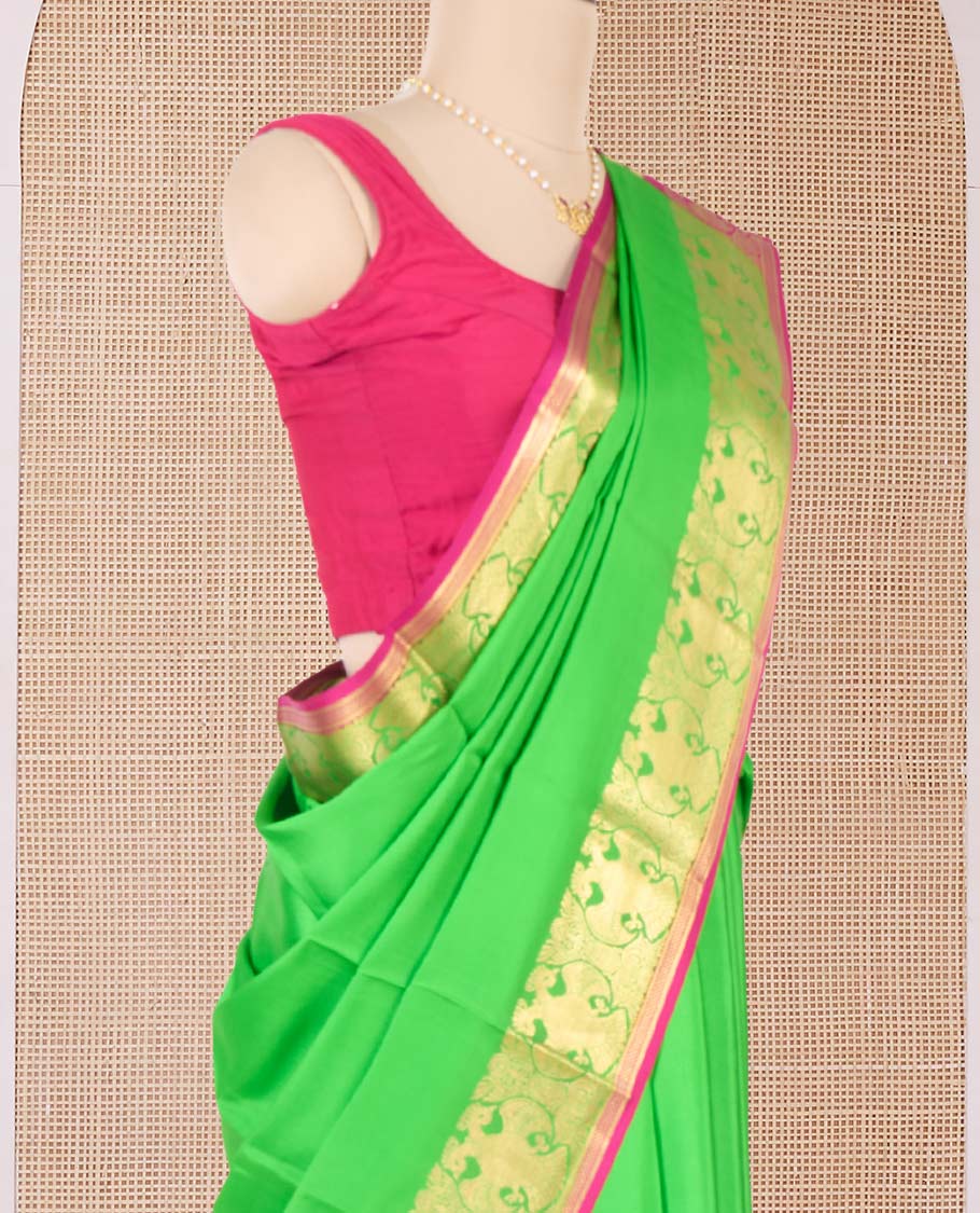 Parrot green plain Mysore silk saree, two-headed eagle zari border, and pallu steeped with two-headed eagle motifs - Image 3