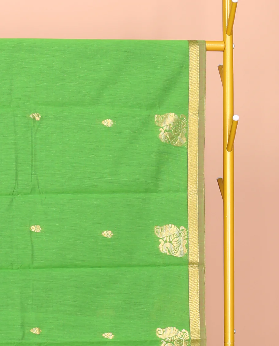 Parrot Green Semi-Silk Cotton Saree, Adorned with Buttas and Peacock Buttas All Over Its Body, Complemented by a Contrast Piping Border, Pallu of Peacock Butta Enclosed in a Checked Design, and Paired with a Contrast Blouse - Image 2