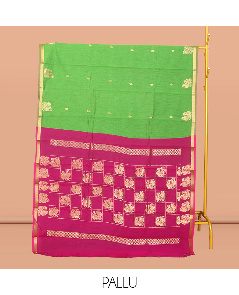 Parrot Green Semi-Silk Cotton Saree, Adorned with Buttas and Peacock Buttas All Over Its Body, Complemented by a Contrast Piping Border, Pallu of Peacock Butta Enclosed in a Checked Design, and Paired with a Contrast Blouse - Image 3