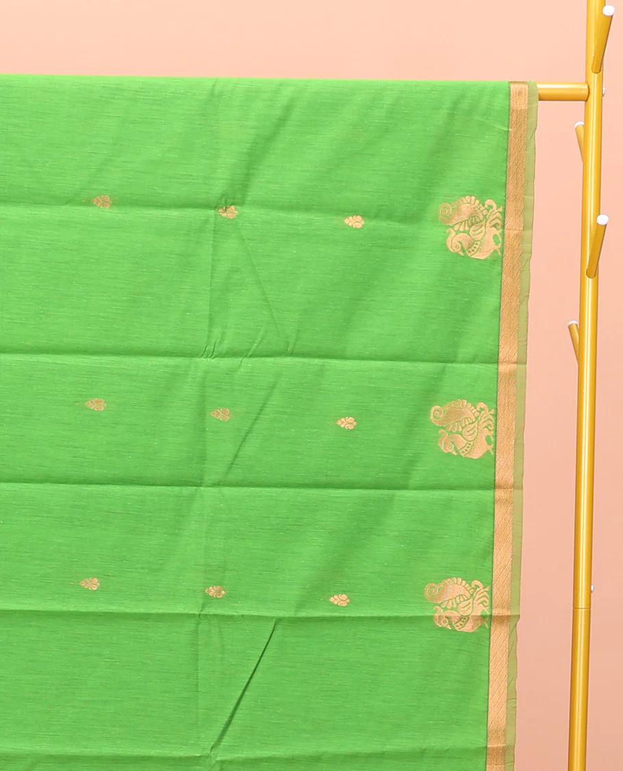 Parrot Green Semi-Silk Cotton Saree, Elegantly Framed with Zari Buttas All Over Its Body, a Subtle Zari Piping Border, Complemented by Contrast Pallu of Peacock Butta Enclosed Checked Design, and Paired with a Contrast Blouse - Image 2