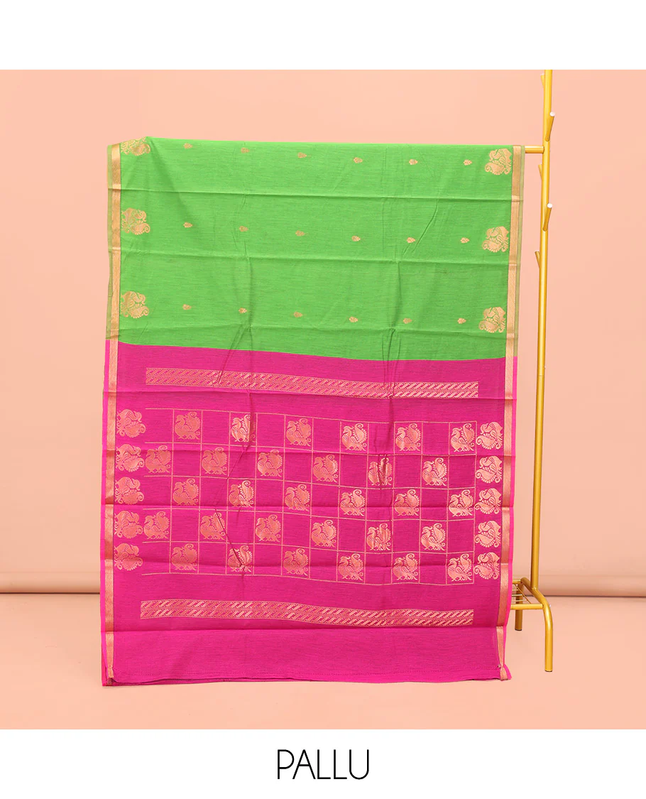 Parrot Green Semi-Silk Cotton Saree, Elegantly Framed with Zari Buttas All Over Its Body, a Subtle Zari Piping Border, Complemented by Contrast Pallu of Peacock Butta Enclosed Checked Design, and Paired with a Contrast Blouse - Image 3