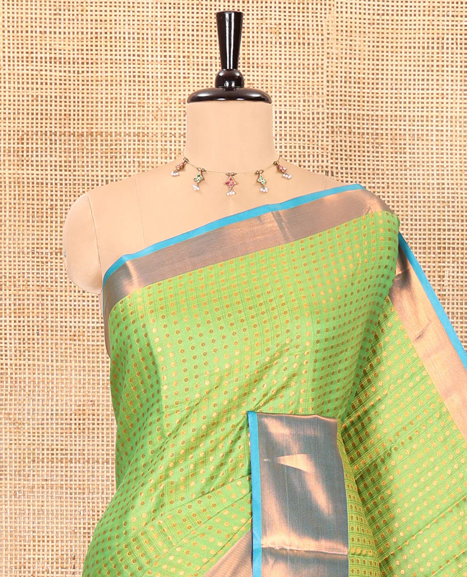 Parrot green zari buttas semi-soft silk saree, contrast plain zari border, contrast zari buttas steeped pallu, and a contrast zari design blouse - Image 2