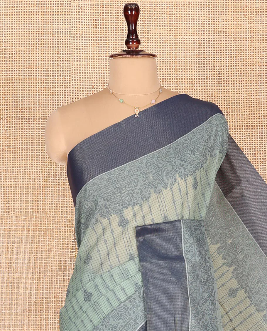 Pastel Blue Semi-Silk Cotton Saree, Sparsely Woven with Buttas and Geometric Designs All Over Its Body, Complemented by Contrast Border, Sparsely Woven Pallu of Geometric Designs, and Paired with a Matching Blouse - Image 2