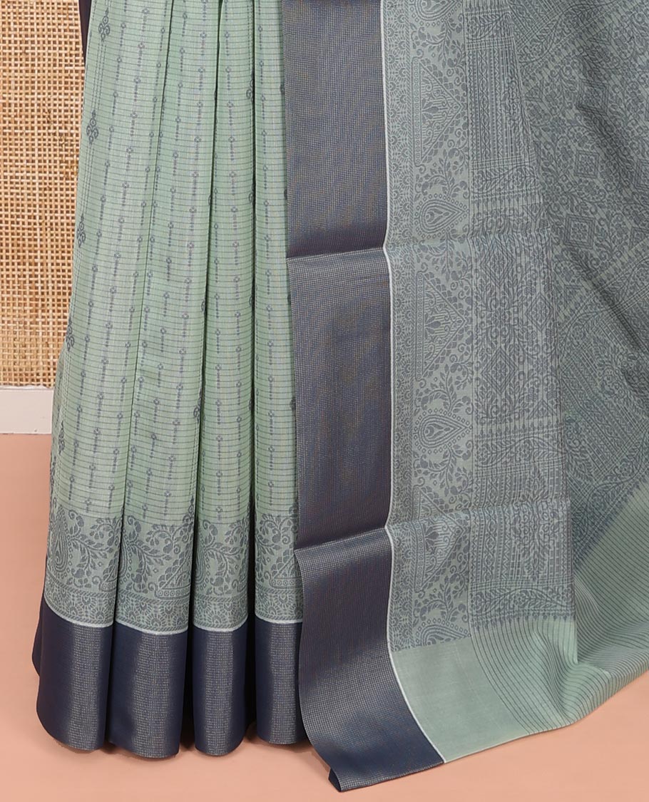 Pastel Blue Semi-Silk Cotton Saree, Sparsely Woven with Buttas and Geometric Designs All Over Its Body, Complemented by Contrast Border, Sparsely Woven Pallu of Geometric Designs, and Paired with a Matching Blouse - Image 3
