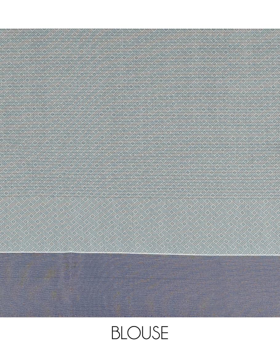 Pastel Blue Semi-Silk Cotton Saree, Sparsely Woven with Buttas and Geometric Designs All Over Its Body, Complemented by Contrast Border, Sparsely Woven Pallu of Geometric Designs, and Paired with a Matching Blouse - Image 4