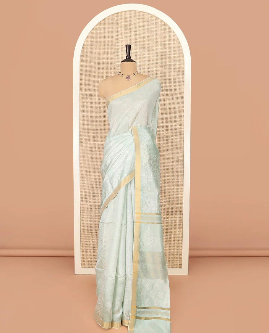 Pastel Green Banana Pith Saree Sparsely Sparkled with Intricate Motifs Printed All Over Its Body, Zari Bavanji Border, Pallu of Print and Zari Work, and Paired with a Matching Blouse - Image 3