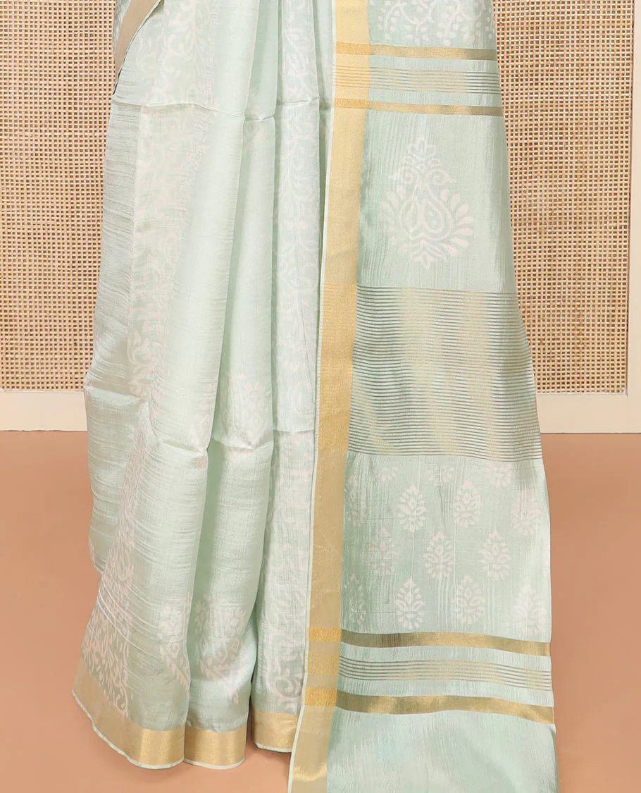 Pastel Green Banana Pith Saree Sparsely Sparkled with Intricate Motifs Printed All Over Its Body, Zari Bavanji Border, Pallu of Print and Zari Work, and Paired with a Matching Blouse - Image 4