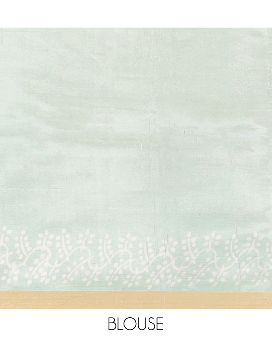 Pastel Green Banana Pith Saree Sparsely Sparkled with Intricate Motifs Printed All Over Its Body, Zari Bavanji Border, Pallu of Print and Zari Work, and Paired with a Matching Blouse - Image 5