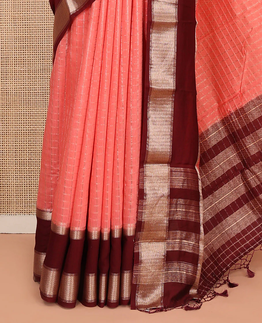 Peach Assam Silk Saree Subtly Sparkled with Micro-Checks, Complemented by Captivating Contrast Zari-Decked Up Border, Gleaming Zari-Woven Pallu, and Paired with a Contrast Blouse - Image 3