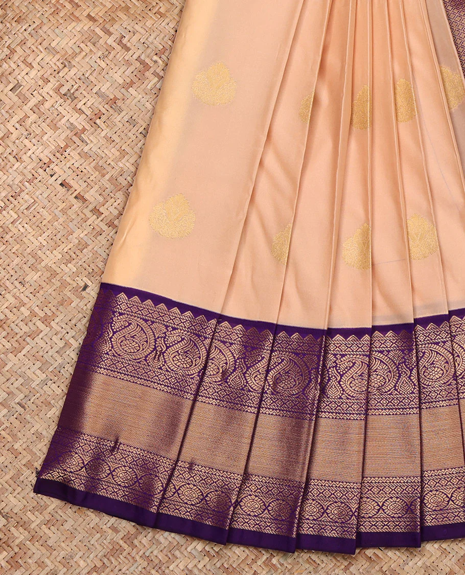 Peach Budget Silk Saree, Adorned with Zari Buttas, Contrast Traditional Zari Border, Grand Jaal Pallu, and a Contrast Blouse