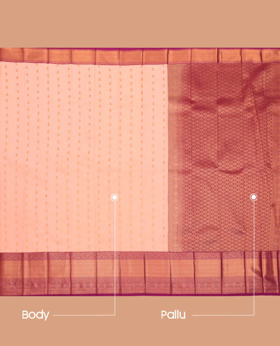 Peach Budget Silk Saree, Featuring Stripes All Over Its Body, Complemented by a Contrast Traditional Zari Design Border, Grand Pallu, and Paired with a Contrast Blouse - Image 3