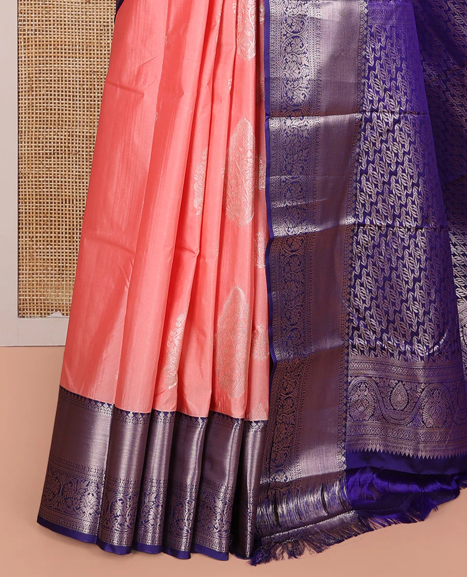 Peach Budget Silk Saree, Richly Detailed with Zari Buttas on Its Body, Complemented by a Contrast Traditional Zari Design Border, Zari Design Pallu, and Paired with a Contrast Blouse - Image 3