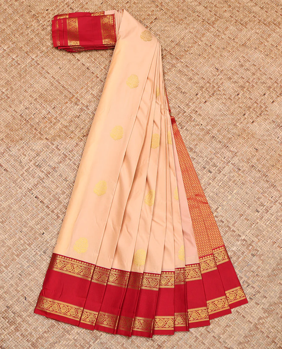 Peach Budget Silk Saree, Subtly Sparkled with Zari Buttas, Complemented by a Contrast Traditional Zari Rettai Pettu Border, Jaal Pallu, and a Contrast Blouse - Image 2