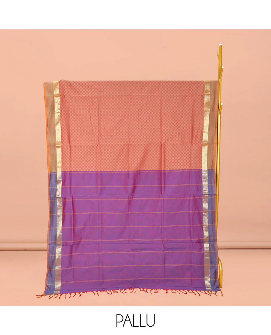 Peach Checked Poly Cotton Saree, Complemented by a Contrast Zari Border, Contrast Striped Pallu, and Paired with a Contrast Blouse - Image 2