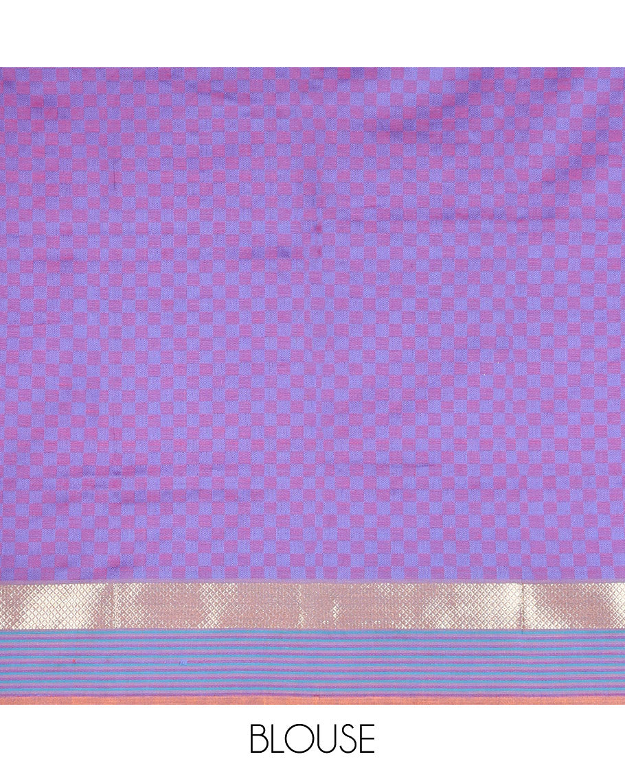 Peach Checked Poly Cotton Saree, Complemented by a Contrast Zari Border, Contrast Striped Pallu, and Paired with a Contrast Blouse - Image 3