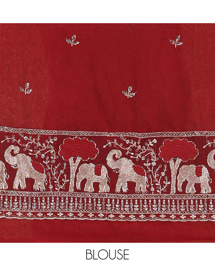 Peach Chinon Chiffon Saree, Richly Detailed with Gold Zari Checked Design on Its Body, Self-Pallu, and Paired with a Contrast Elephant-Tree-Themed French Knot Embroidered Blouse - Image 3