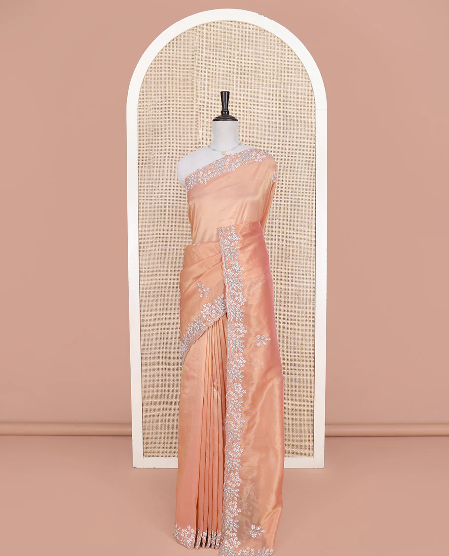 Peach Designer Saree, Beautifully Bedecked with Stone-Embroidered Buttas on Its Body, Highlighted by a Scallop Floral-Themed Embroidered Border, Self-Pallu, and Paired with a Matching Blouse - Image 3