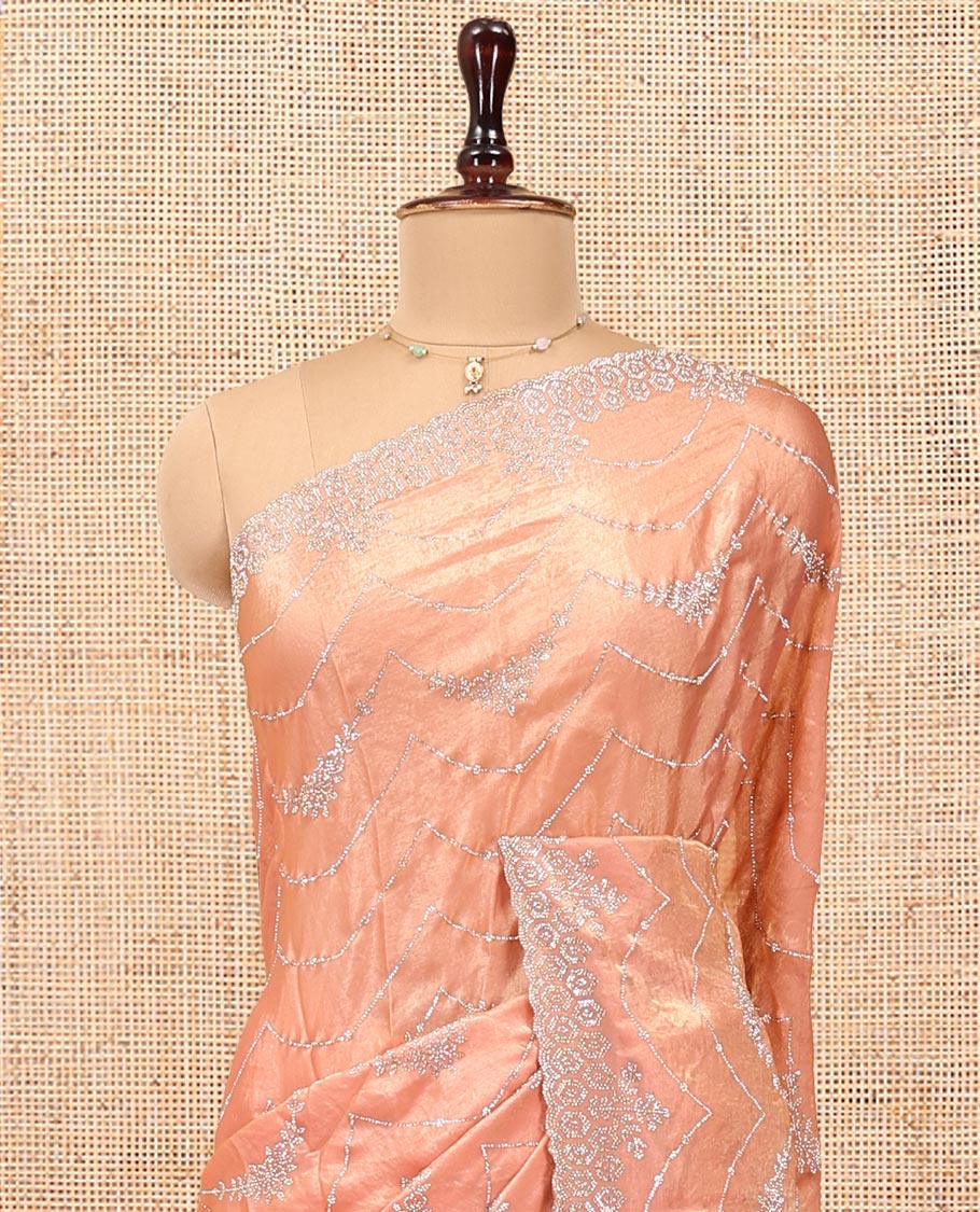 Peach Designer Saree, Meticulously Crafted with Stone Work All Over Its Body, Scallop Embroidered Border, Intricately Embroidered Pallu, and Paired with a Matching Blouse - Image 2