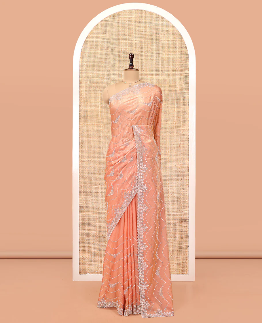 Peach Designer Saree, Meticulously Crafted with Stone Work All Over Its Body, Scallop Embroidered Border, Intricately Embroidered Pallu, and Paired with a Matching Blouse - Image 3