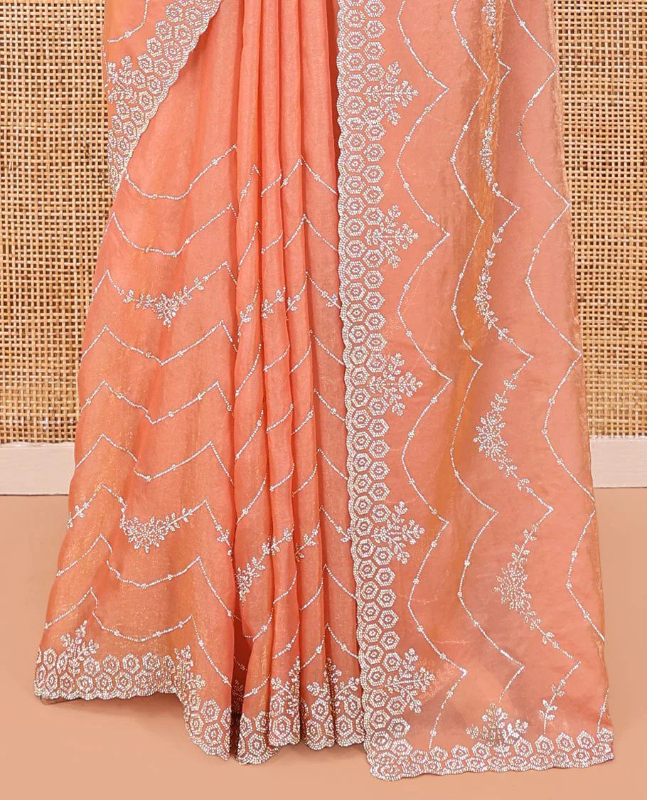 Peach Designer Saree, Meticulously Crafted with Stone Work All Over Its Body, Scallop Embroidered Border, Intricately Embroidered Pallu, and Paired with a Matching Blouse - Image 4