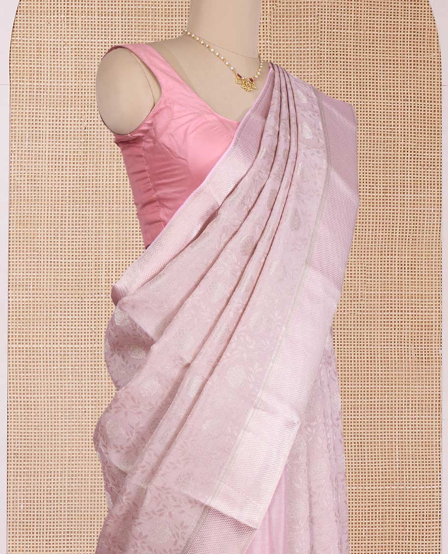 Peach floral jacquard Mysore silk saree, traditional zari border, and zari-rich jaal pallu - Image 3