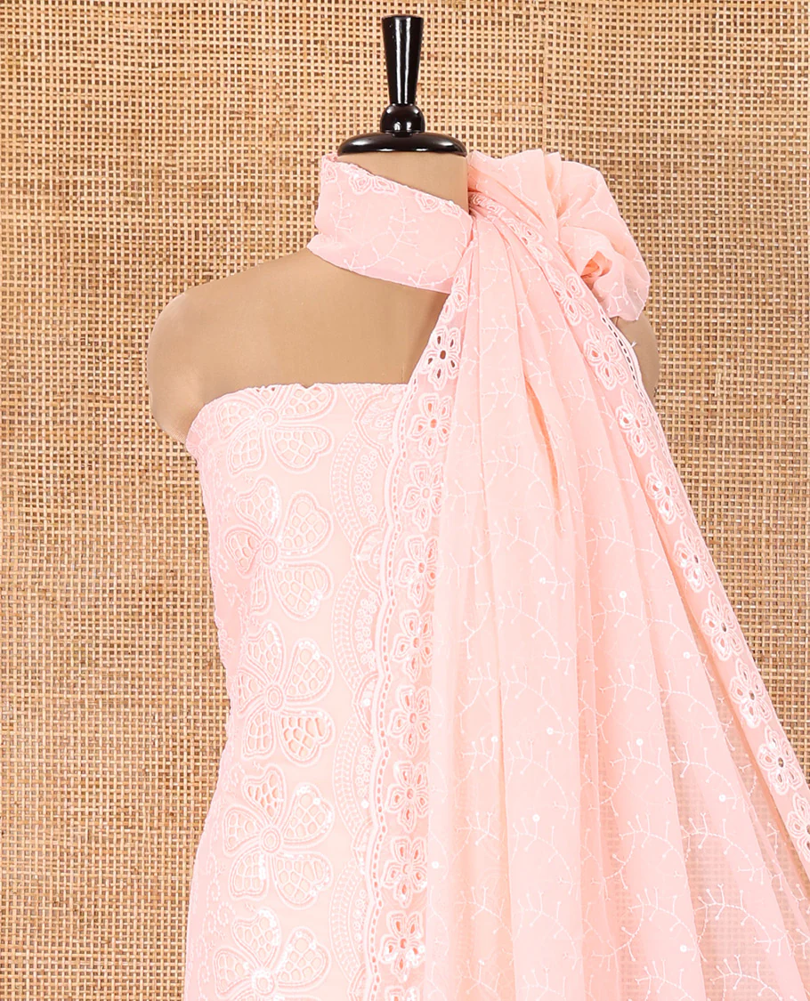 Peach Fox Georgette Material Chudidar Set, Adorned with Cut Work and Sequins Embroidered Top, a Plain American Crepe Bottom, and Comes with a  Embroidered Georgette Scallop Dupatta - Image 3